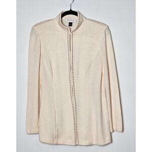 St. John Collection Wool Blend Knit Studded Career Ivory Neutral Cardigan Size 6